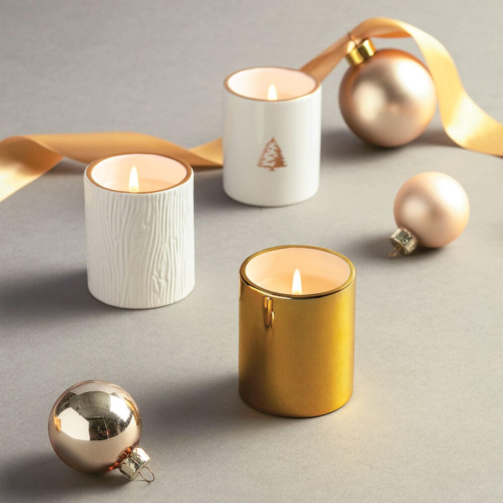 Thymes Frasier Fir Gilded Poured Candle Trio Set Lit on Display image number 1